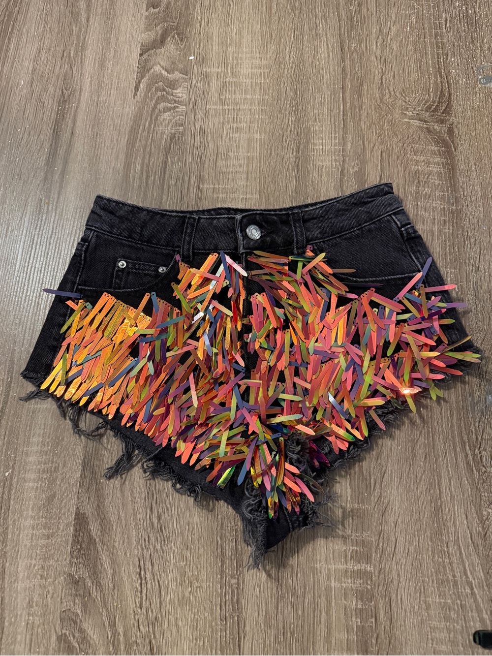 Topshop Black Denim Shorts with Multicolor Sequin Fringe